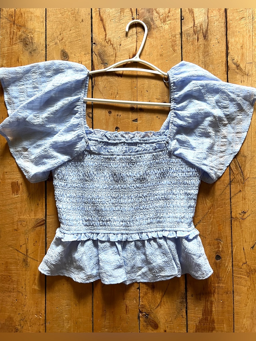 ASTR Smocked Square-Neck Flutter Sleeve Top - Periwinkle Light Blue
